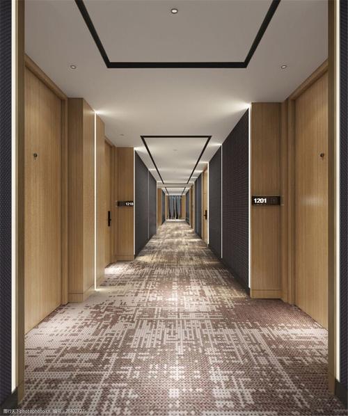 现代时尚酒店走廊褐色地板工装装修效果图图片-
